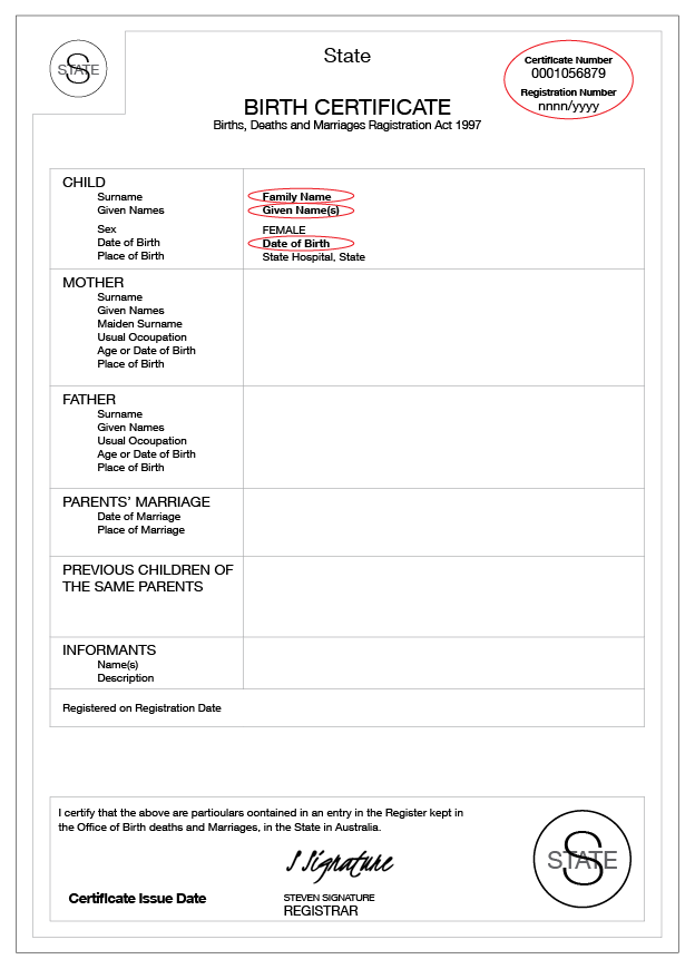 An example of an Australian birth certificate for WA that shows the Certificate number, Registration number, Family name, Given name and Date of birth circled. 