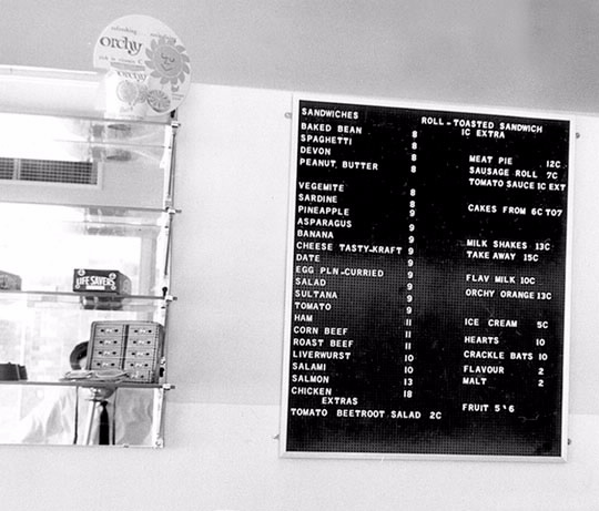 The traditional eating habits of Australians up until the 1960s are shown in the staff canteen menu board in the Engadine Chambers of Sydney branch.