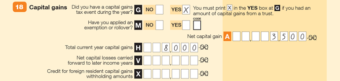Enter an X at YES item G (Did you have a capital gains tax event durying the year?), $3,500 at A (Net capital gain) and $8,000 at H (Total current year capital gains)