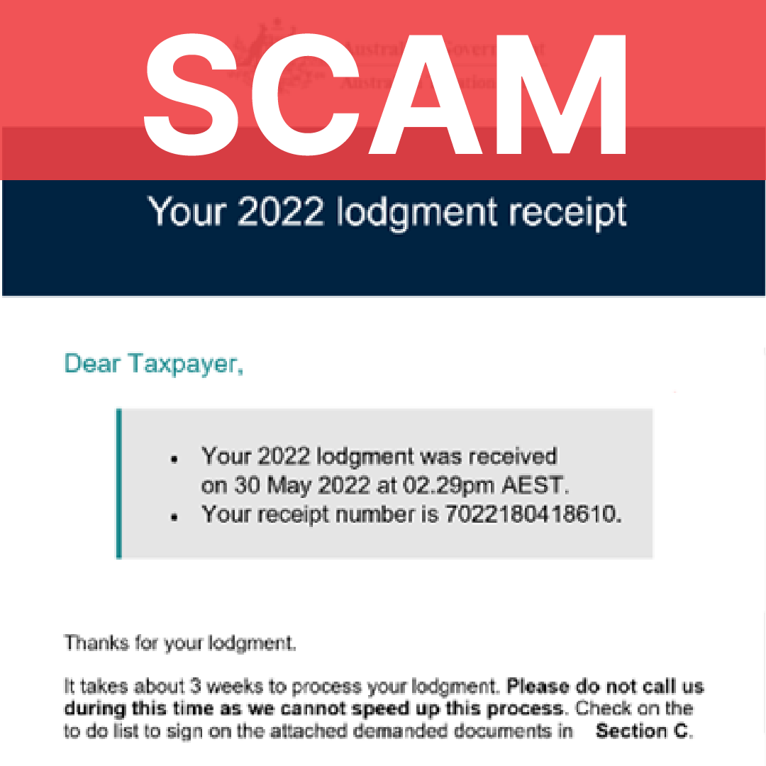 A scam email telling recipients that their 2022 tax returns has been lodged and asking them to sign the document attached to the email.