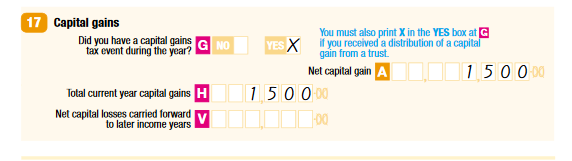 17 Capital gains G Did you have a capital gains tax event during the year? Yes A Net capital gain $1500 H Total current year capital gains $1500 V Net capital losses carried forward to later income years nil