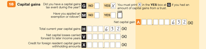 Enter an X at YES item G (Did you have a capital gains tax event durying the year?), $632 at A (Net capital gain) and $632 at H (Total current year capital gains)