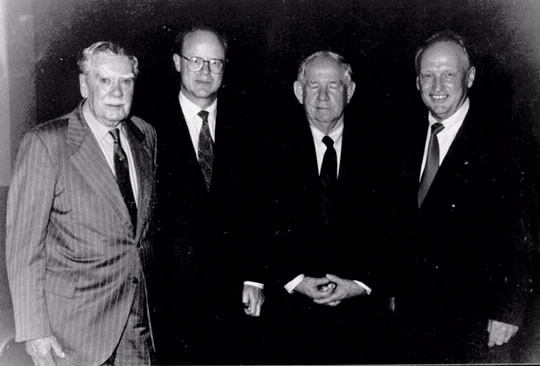 Living links with the past, four Commissioners of Taxation around 2000. Left to right: Sir Edward Cain, Michael Carmody, Bill O'Reilly and Trevor Boucher. Between them they had held stewardship of the Australian taxation system for more than 25 years and had a memory of the ATO from the 1930s.