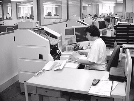 Activity statement processing at Penrith in 2000. Modern scanning equipment and software allows the ATO to process vast amounts of paper quickly and efficiently.