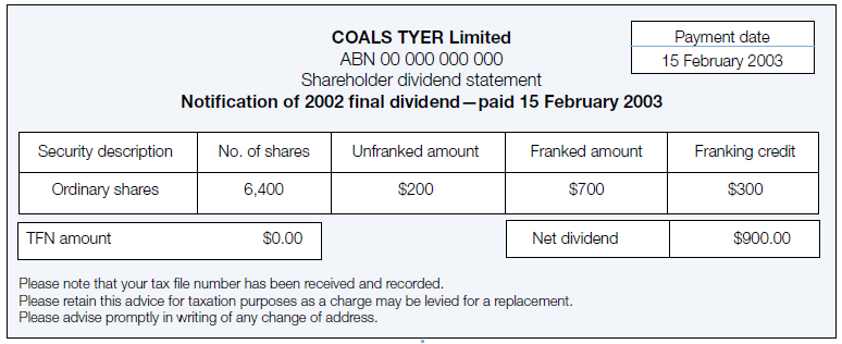 Coals Tyer Limited 
ABN 00000 000 000
Shareholder dividend statement
Notification of 2002 final dividend - paid 15 February 2003
Security description: Ordinary shares
No. of shares: 6,400
Unfranked amount: $200
Franked amount: $700
Franking credit: $300
TFN amount: nil
Net dividend: $900
Please note that your tax file number has been received and recorded.
Please retain this advice for taxation purposes as a charge may be levied for a replacement.
Please advise promptly in writing of any change of address.
