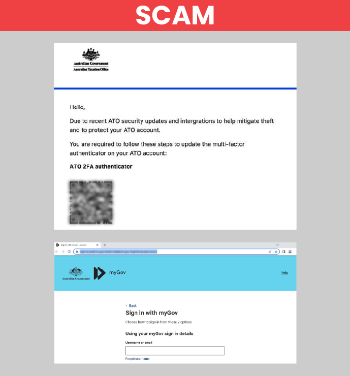 Scam email and myGov sign in web page.