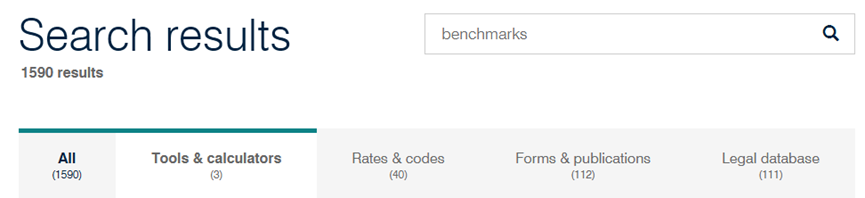 Search results showing the search field and the follow tabs: all, tools and calculators, rates and codes, forms and publication, legal database