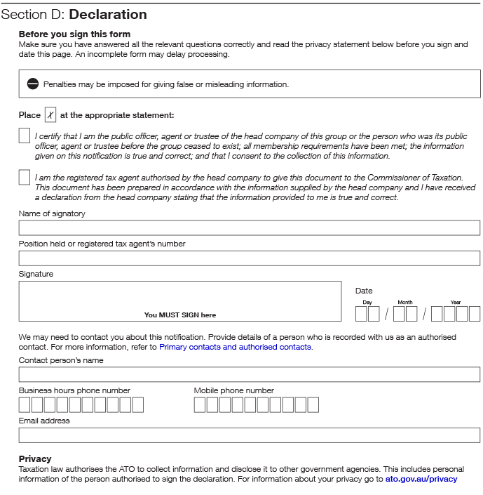 Image shows the declaration section of the form.