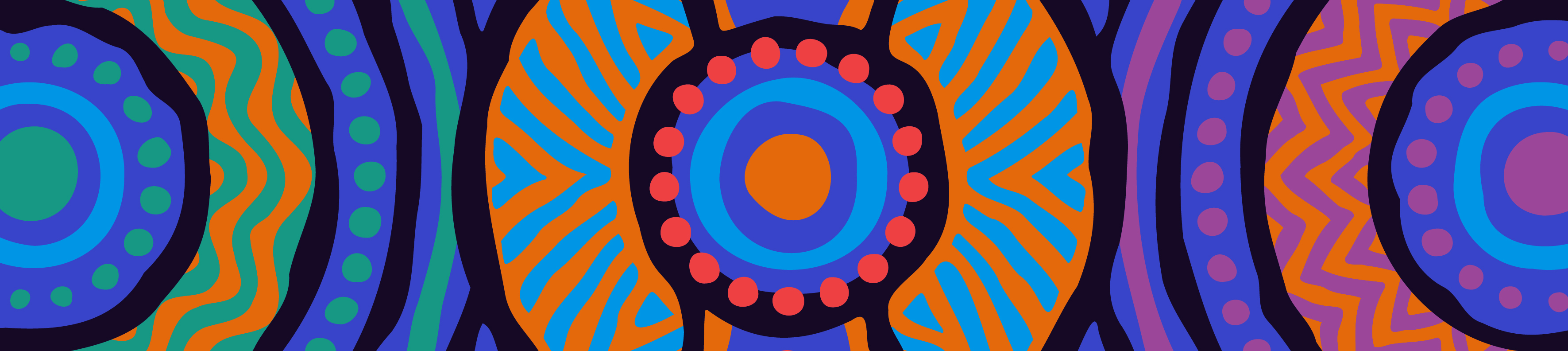 Blue green orange pink circles of Indigenous artwork. There is no text.