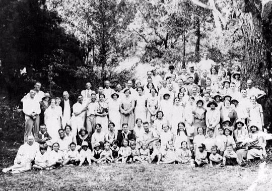 Adelaide and Melbourne staff and families at a picnic in December 1934 during a visit to Adelaide by the Melbourne branch cricket team.