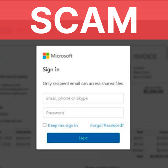A fake Microsoft login screen that asks recipients to enter their account details and password.