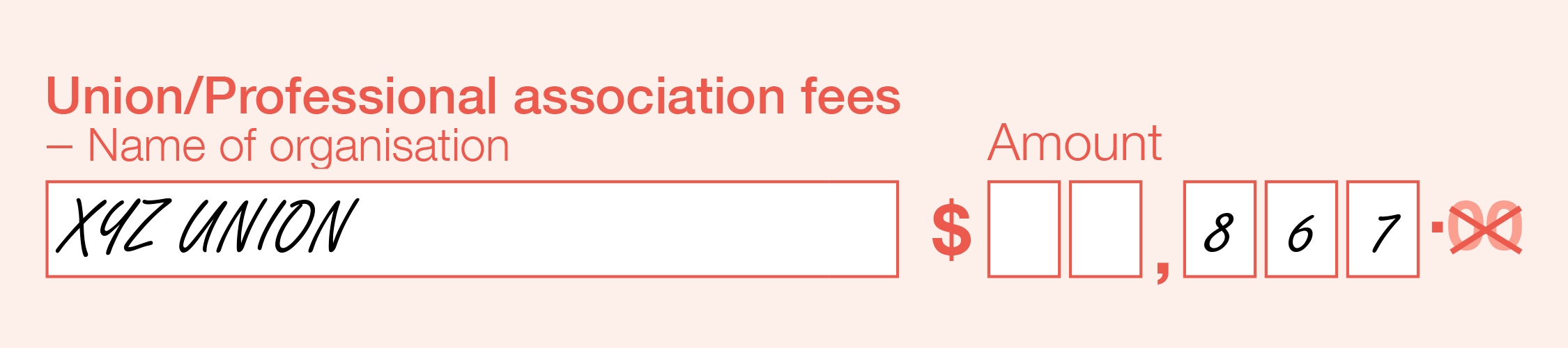 Example of the completed 'Union/professional association fees' field of the form, field includes the name written in block letters. 