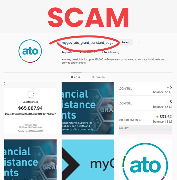 A scam impersonation that shows a fake ATO Instagram account