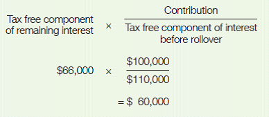 To work out the amount for a valid notice of intent to claim a deduction, multiply the tax-free component of remaining interest of 66,000 by the contribution amount of 100,000 divided by the tax-free component of interest before rollover of 110,000. The valid notice of intent amount is 60,000.