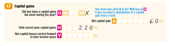 17 Capital gains G Did you have a capital gains tax event during the year? Yes A Net capital gain $60 H Total current year capital gains $220 V Net capital losses carried forward to later income years nil