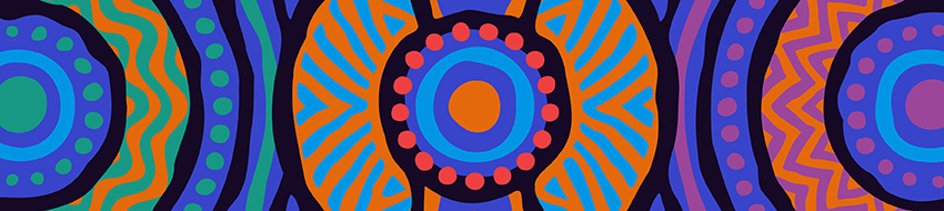 Blue green orange pink circles of Indigenous artwork. There is no text.