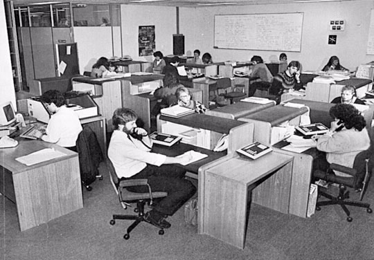 Answering telephone enquiries in Victoria North branch, 1986. As the community increased its use of telephones to conduct personal business, the ATO responded by setting up telephone enquiries sections that were usually staffed on rotation by tax technical specialists.
