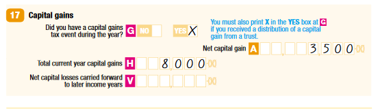 17 Capital gains G Did you have a capital gains tax event during the year? Yes A Net capital gain $3500 H Total current year capital gains $8000 V Net capital losses carried forward to later income years nil