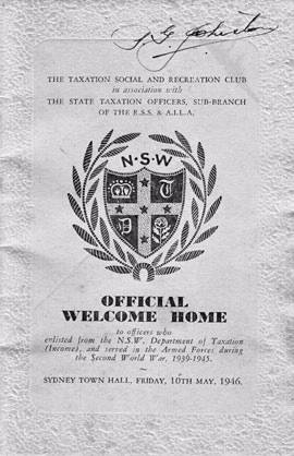 Cover of the program for the Official Welcome Home held in the Sydney Town Hall for returned tax officers on 10 May 1946.