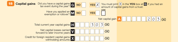 Enter an X at Yes Item G (Did you have a capital gains tax event during the year?), $203 at A (Net capital gain) and $303 at H (Total current year capital gains)