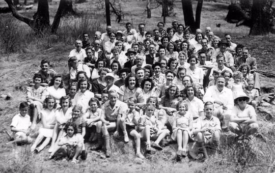 Staff and family at a combined picnic of the Adelaide sales tax branch and Northern Territory branch after it had been moved to Adelaide following the bombing in February 1942.