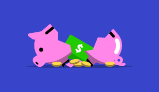 A pink piggy bank lies broken in half with money including notes and coins falling out of it